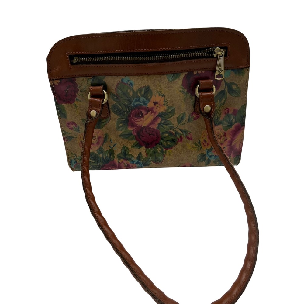 Patricia Nash Floral Print Leather Trim Satchel Bag Brown Multi Brass Hardware